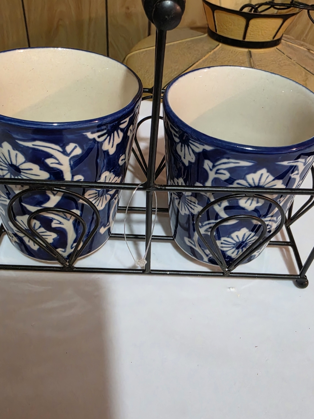 Blue Floral Ceramic Utensil Holders with Metal Caddy